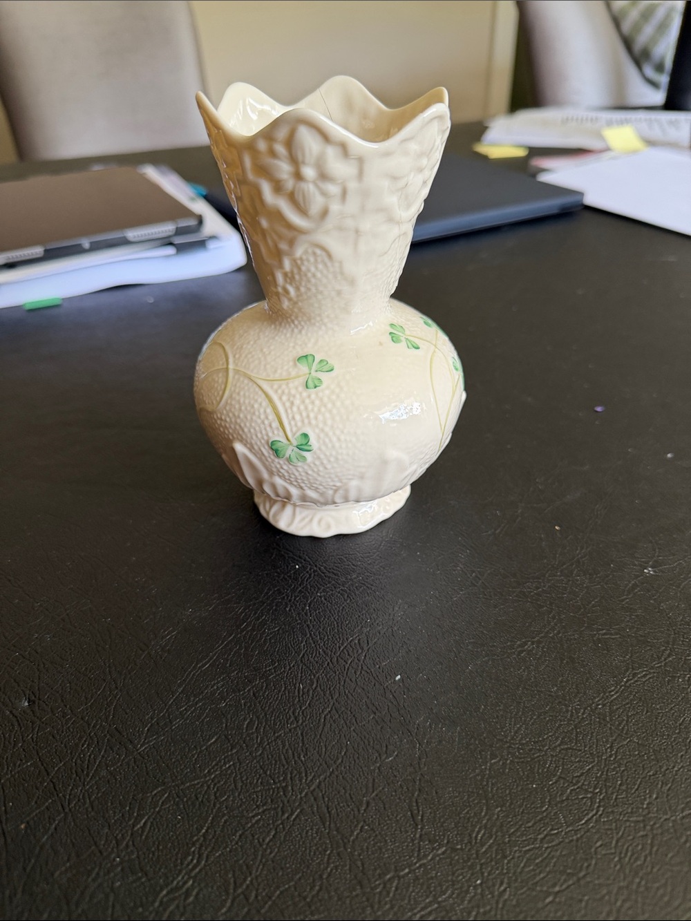 Belleek Cream Bud Vase with Green Shamrock Accents
